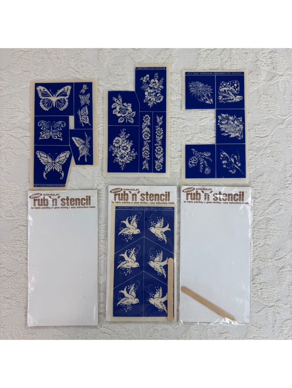 Vintage 1980s Armour Rub ’n’ Stencil Etching Floral Butterfly Mushroom Bird Lot